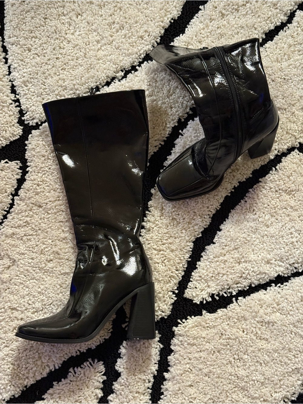 Black Patent Block Heel Knee-High Boots - Women